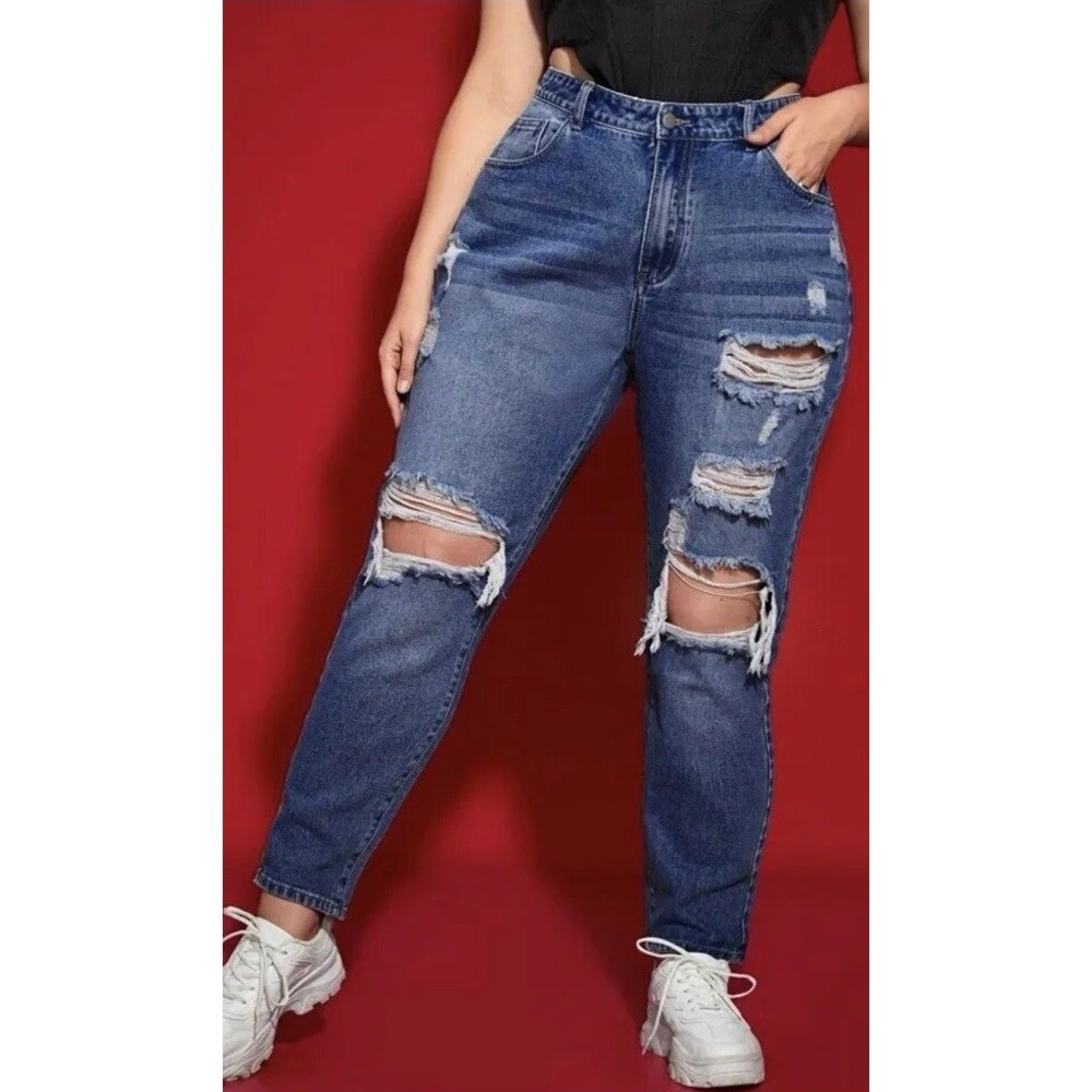 Shein Curve 2XL Jeans Womens Blue Denim Mom Distressed High Rise Cotton - Picture 10 of 11